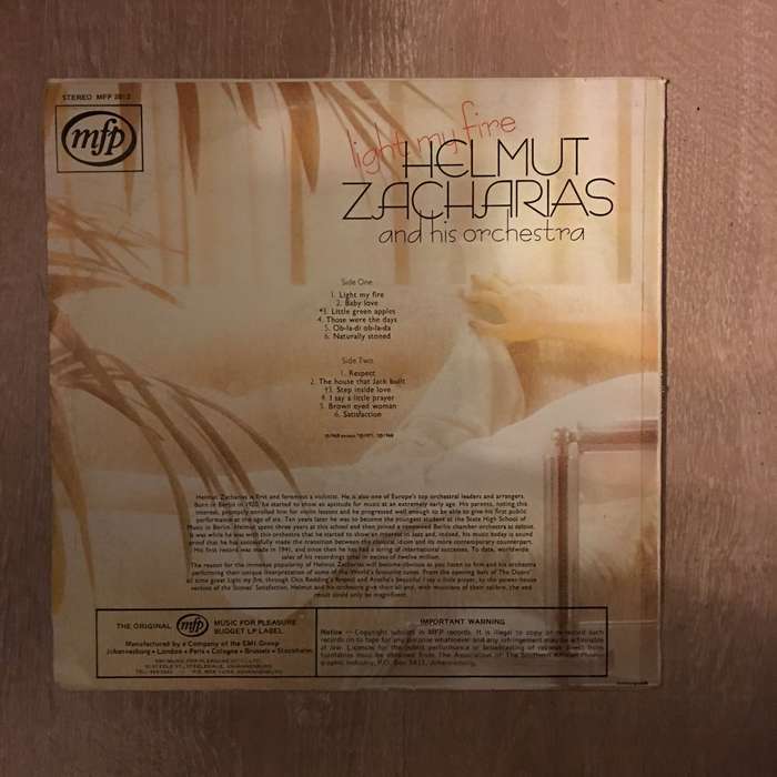 Helmut Zacharias - Light My Fire  - Vinyl LP Record - Opened  - Very-Good+ Quality (VG+) - Vinyl