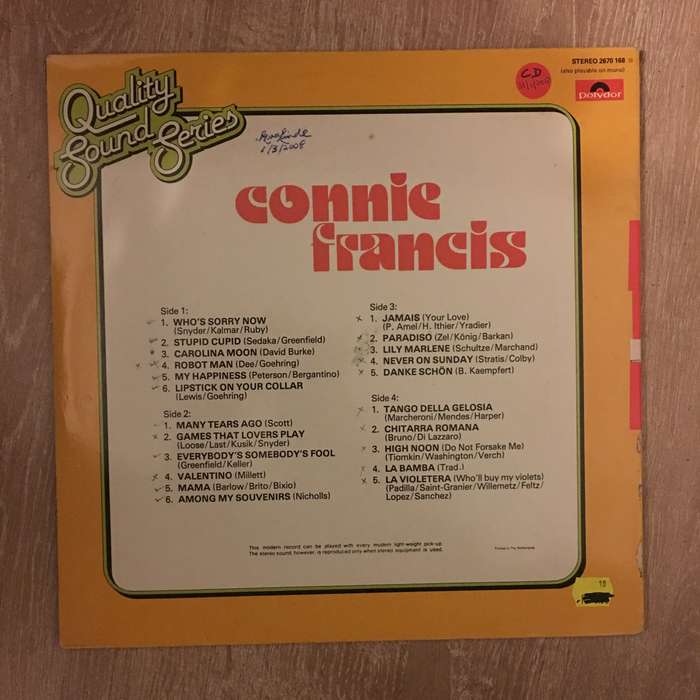 Connie Francis - Quality Sound Series - Double Vinyl LP Record - Opened  - Very-Good+ Quality (VG+)