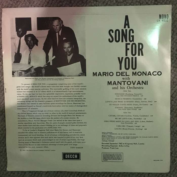 Mario Del Monaco - A Song For You - Mantovani - Vinyl LP Record - Opened  - Very-Good Quality (VG)