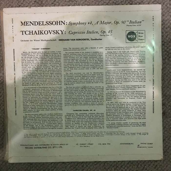 Mendelssohn / Tchaikovsky - Edouard Van Remoortel  Symphony No. 4 In A Major, Op. 90 "Itali...