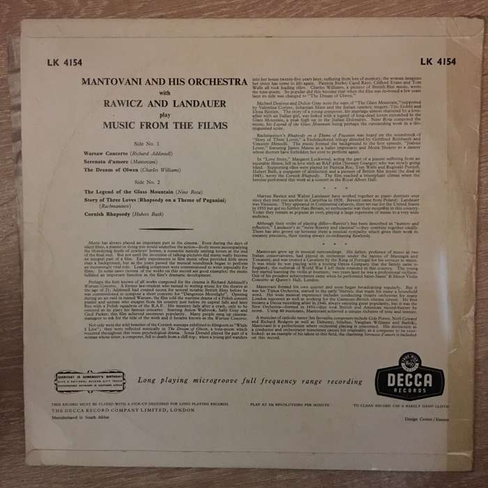 Mantovani, Rawicz And Landauer  Music From The Films   Vinyl LP Record - Opened  - Very-...