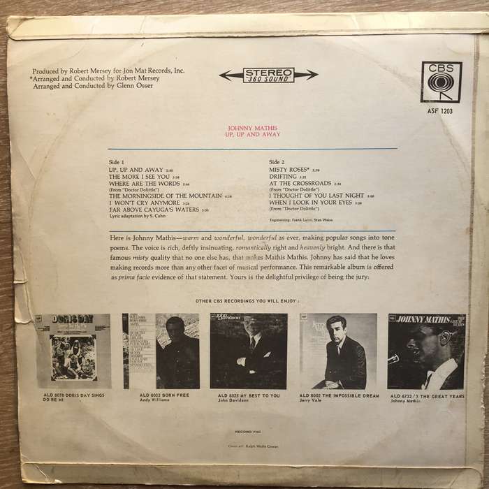 Johnny Mathis - Up, Up and Away - Vinyl LP Record - Opened  - Good Quality (G)