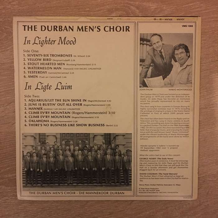 The Durban Men's Choir - In Lighter Mood - Vinyl LP Record - Opened  - Very-Good Quality (VG)