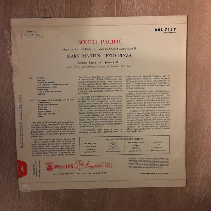 Mary Martin, Ezio Pinza  South Pacific - Vinyl LP Record  - Very-Good+ Quality (VG+)