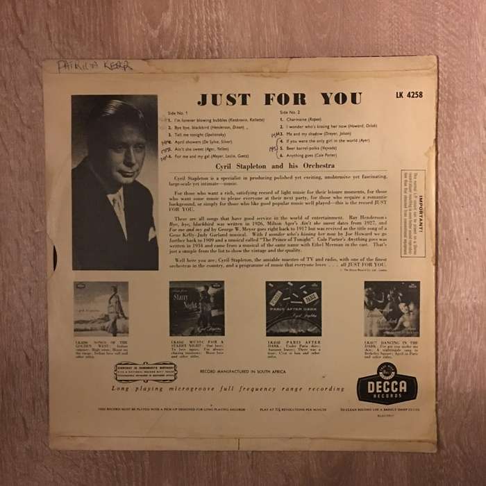 Cyril Stapleton And His Orchestra   Just For You- Vinyl LP Record - Opened  - Good+ Quality...