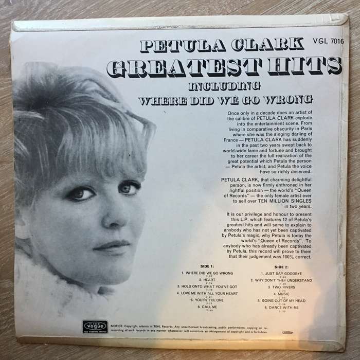 Petula Clark  Greatest Hits - Vinyl LP Record - Very-Good+ Quality (VG+)