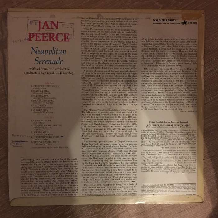 Jan Peerce  Neapolitan Serenade - Vinyl LP Record - Opened  - Very-Good- Quality (VG-)