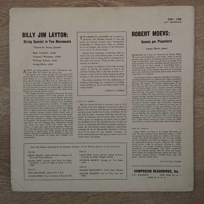 Billy Jim Layton / Robert Moevs  String Quartet In Two Movements / Sonata For Piano  ...