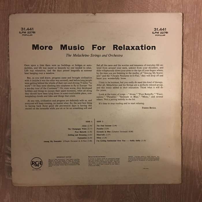 Melachrino Strings And Orchestra  More Music For Relaxation - Vinyl LP Album Record  - Very...
