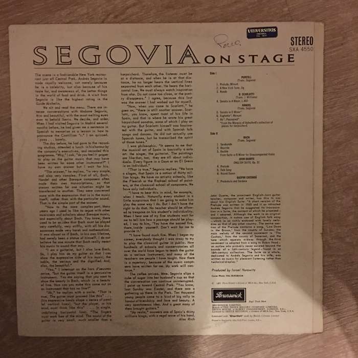 Segovia on Stage - Vinyl Record Opened  - Very-Good- Quality (VG-)