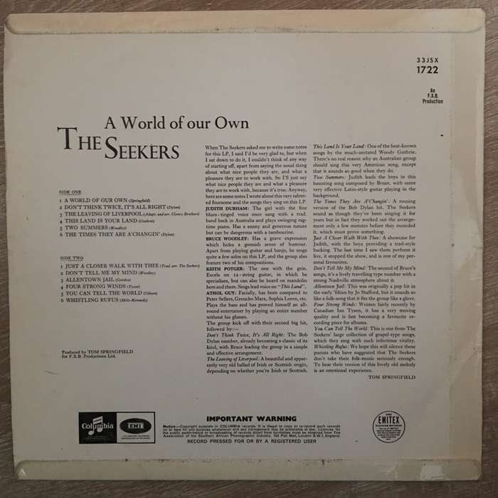 The Seekers - A World Of Our Own - Vinyl LP Record - Opened  - Good Quality (G)