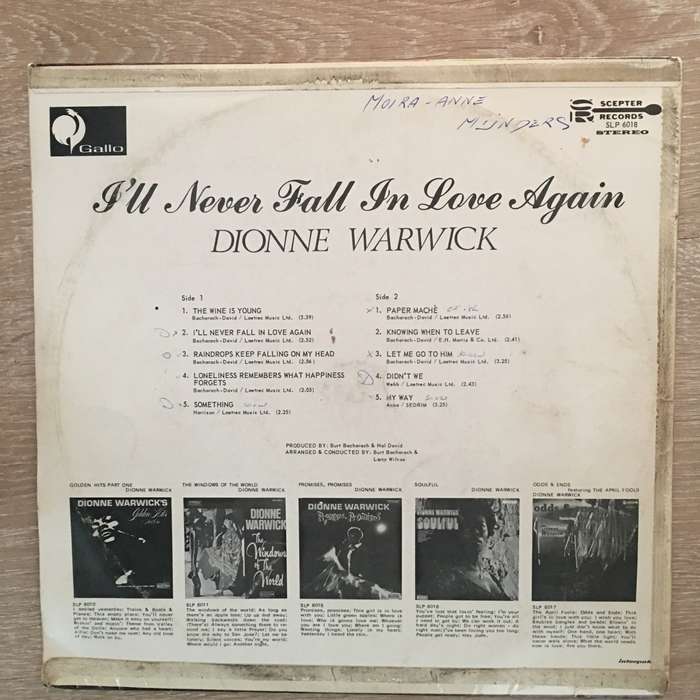 Dionne Warwick - I'll Never Fall In Love Again - Vinyl LP Record - Opened  - Very-Good Quality (VG)