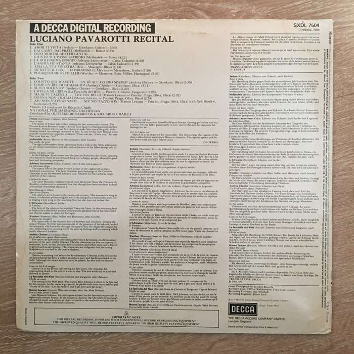 Luciano Pavarotti Recital - Digital Recording -  Vinyl LP Record - Opened  - Very-Good+ Quality (...