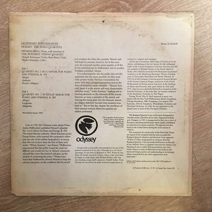 Mozart  George Szell   The Piano Quartets - Vinyl Record - Opened  - Very-Good Quality (VG)