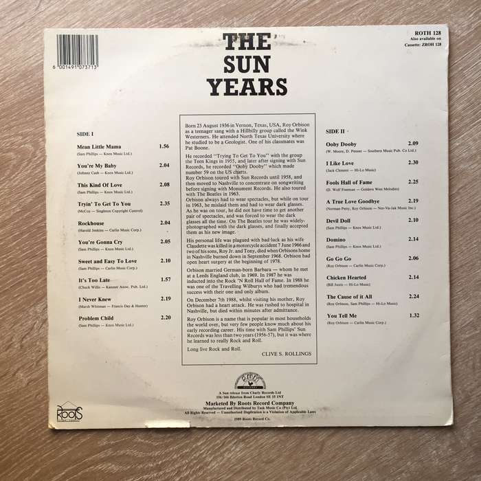 Early Roy Orbison - The Sun Years - Vinyl Record - Opened  - Very-Good Quality (VG)