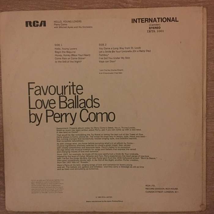 Perry Como  Hello, Young Lovers - Vinyl LP Record - Opened  - Very-Good Quality (VG)