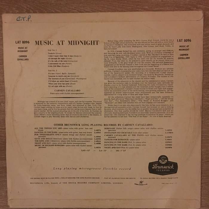 Carmen Cavallaro  Music At Midnight  - Vinyl LP Record - Opened  - Very-Good Quality (VG)