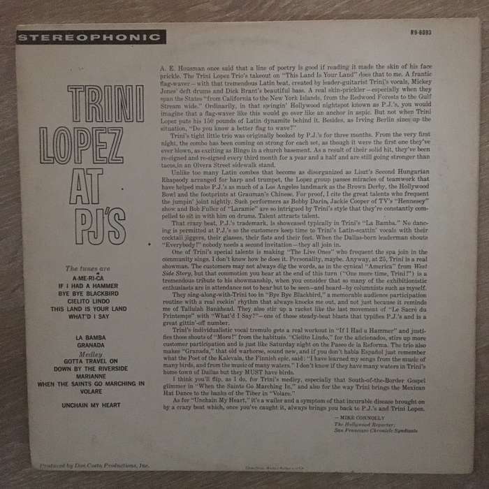 Trini Lopez at PJ's - Live Vinyl LP Record - Opened  - Good+ Quality (G+)