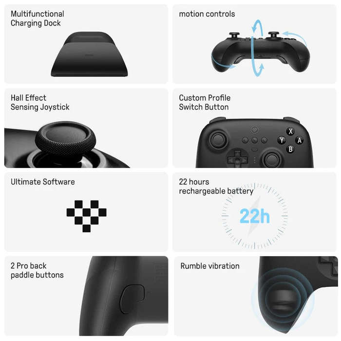 Unboxed 8BitDo Ultimate Controller with Charging Dock for Switch and Windows Black