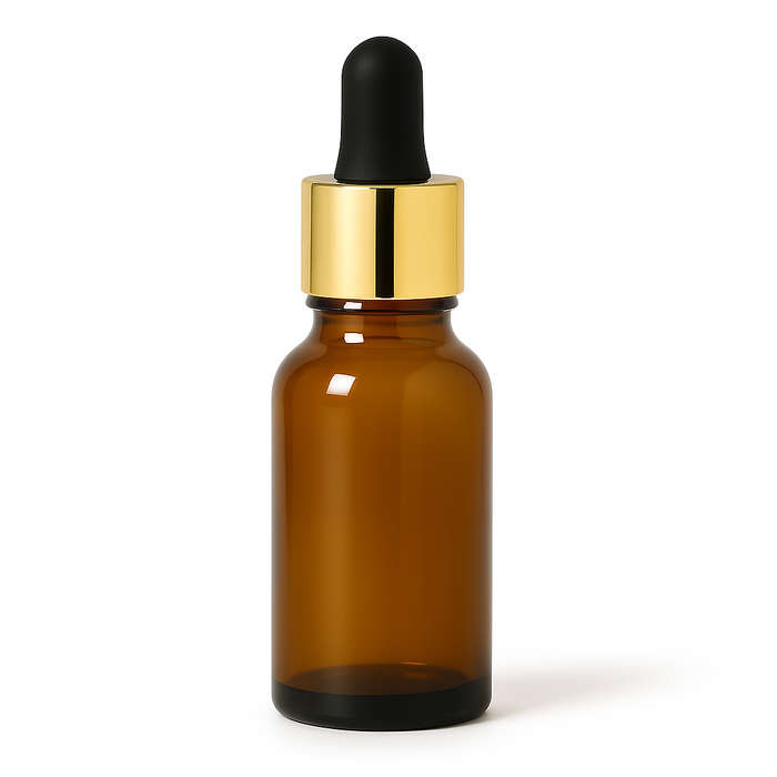 Amber Glass Aromatherapy Bottle 18mm Neck With Pipette Top Gold Collar Black Teat