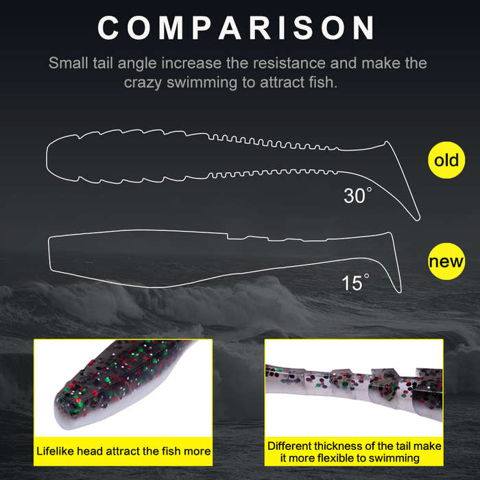 Fishing Lure Soft Minnow Shad T-Tail Bait 5 per packet Black/White with glitter
