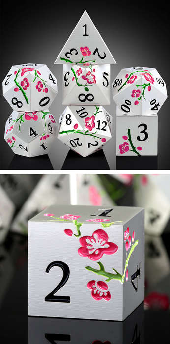 Metal & Enamel Dice Set (7) Sakura Silver & Pink (Dice Sets & Games)