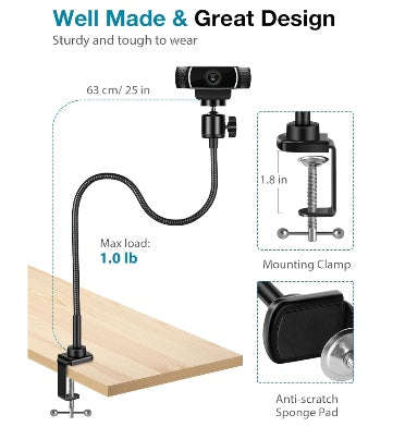 GOOSENECK FLEXIBLE ARM WEBCAM / PHONE ADJUSTABLE CLAMP MOUNT BLACK | INNOGEAR
