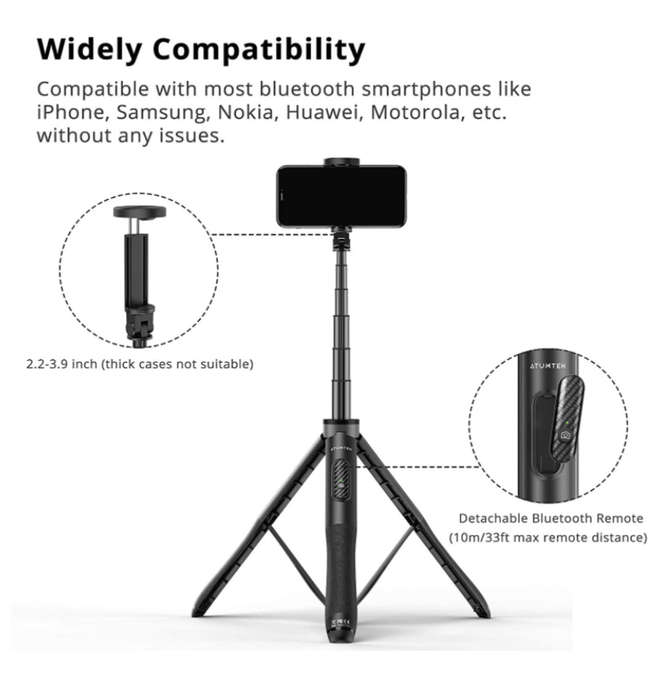 ATUMTEK TRIPOD SELFIE STICK 51" WITH BLUETOOTH REMOTE BLACK