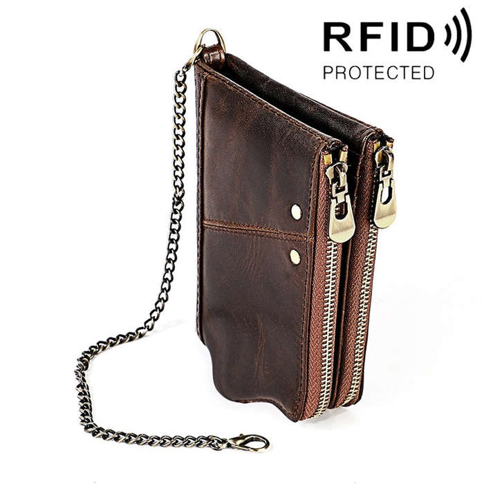 LT3533 Long Crazy Horse Texture Cowhide Leather Folding Anti-magnetic RFID Wallet Clutch Bag for ...