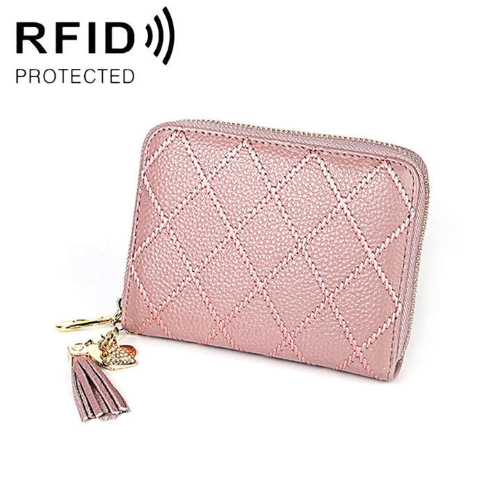 KB213 Diamond Texture Zipper Cowhide Leather Double Row Organ Shape Multiple Card Slots Anti-magn...