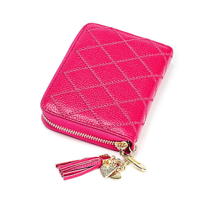 KB213 Diamond Texture Zipper Cowhide Leather Double Row Organ Shape Multiple Card Slots Anti-magn...