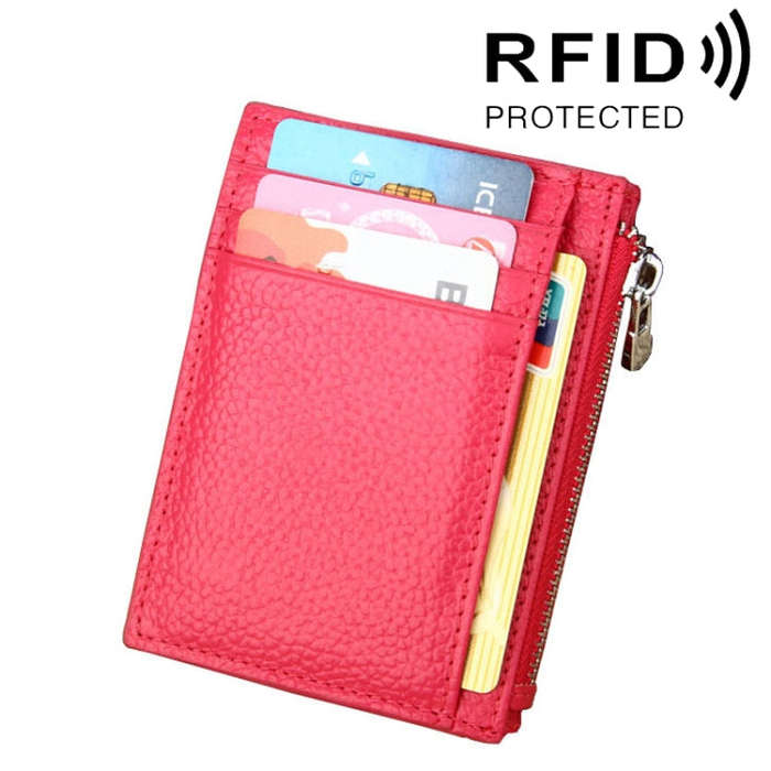 Cowhide Leather Solid Color Zipper Card Holder Wallet RFID Blocking Coin Purse Card Bag Protect C...