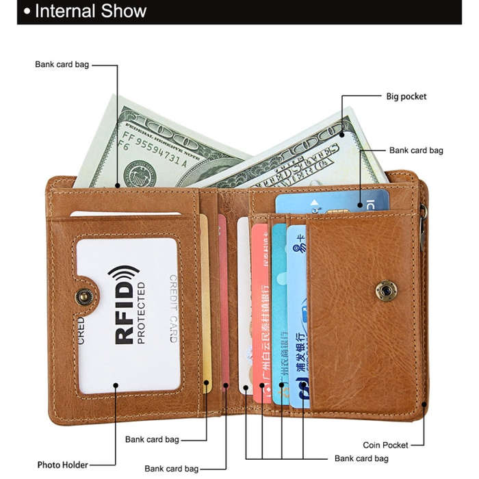 8231 Antimagnetic RFID Men Fashion Crazy Horse Textyure Genuine Leather Wallet Card Bag