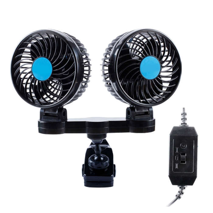 HUXIN HX-T605 7W 360 Degree Adjustable Rotation Clip Two Head Low Noise Mini Electric Car Fan wit...