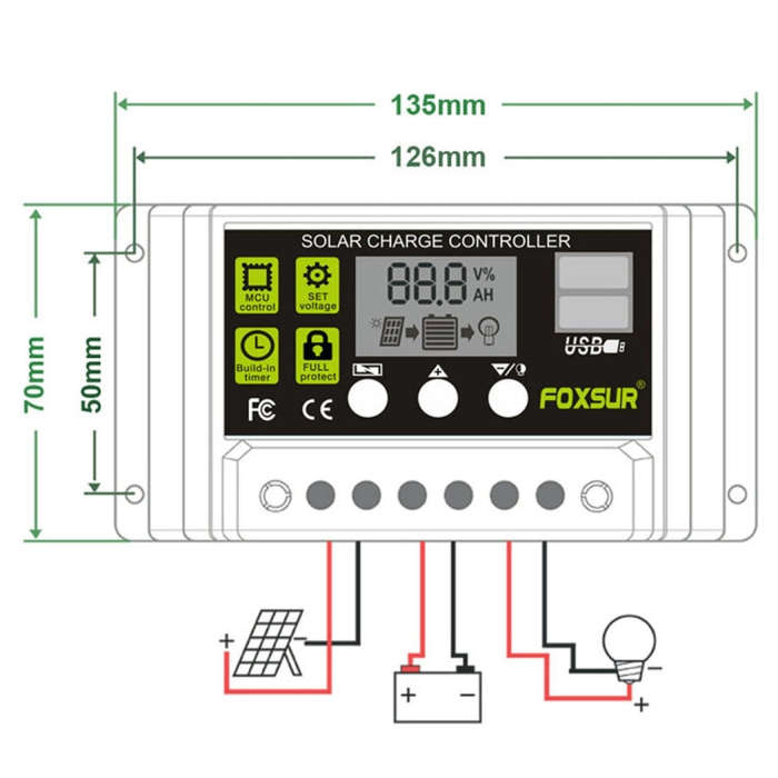 FOXSUR 10A Solar Charge Controller 12V / 24V Automatic Identification Controller, 10A