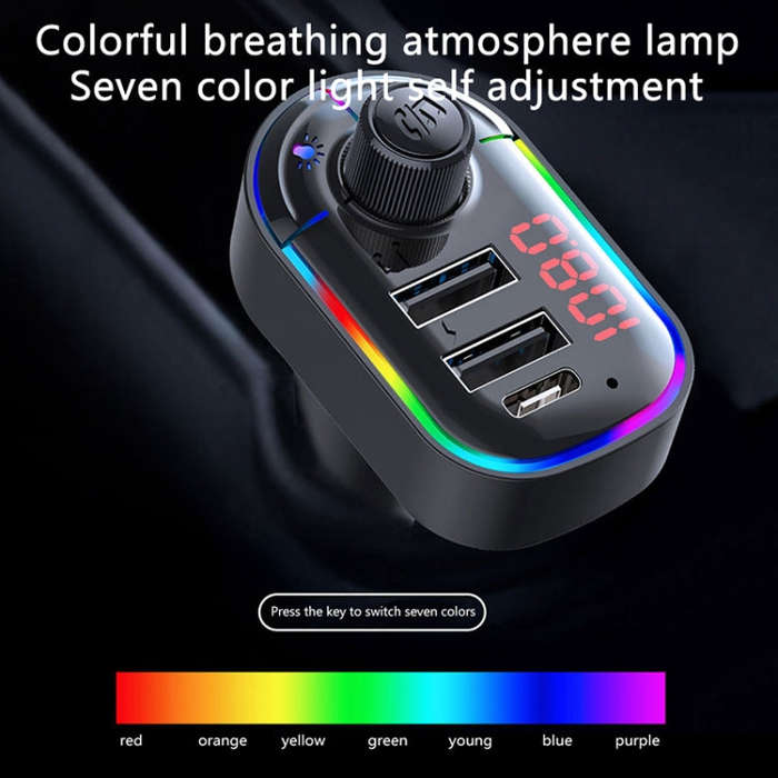 C12 Multifunctional Car Dual USB Charger Bluetooth FM Transmitter with Atmosphere Light, C12