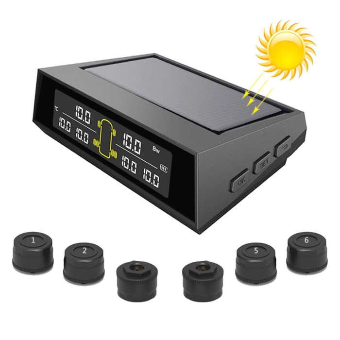 Car Solar Wireless Tire Pressure Monitoring System TPMS 6 External Sensors for 6-wheel Truck Bus,...