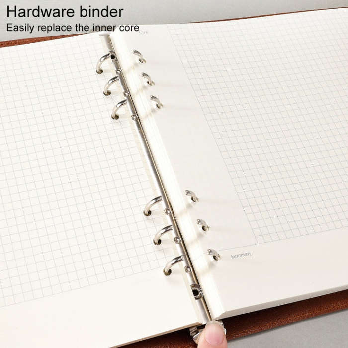 B5 Faux Leather Loose-leaf Grid Notebook, Checkered Core, Blank Inner Core, Cornell Horizontal Wi...