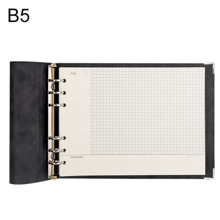 B5 Faux Leather Loose-leaf Grid Notebook, Checkered Core, Blank Inner Core, Cornell Horizontal Wi...