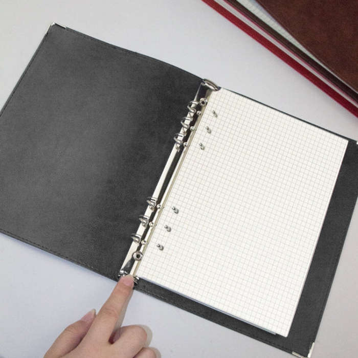 A5 Faux Leather Loose-leaf Grid Notebook, Checkered Core, Blank Inner Core, Cornell Horizontal Wi...