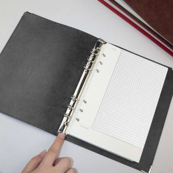 A5 Faux Leather Loose-leaf Grid Notebook, Checkered Core, Blank Inner Core, Cornell Horizontal Wi...