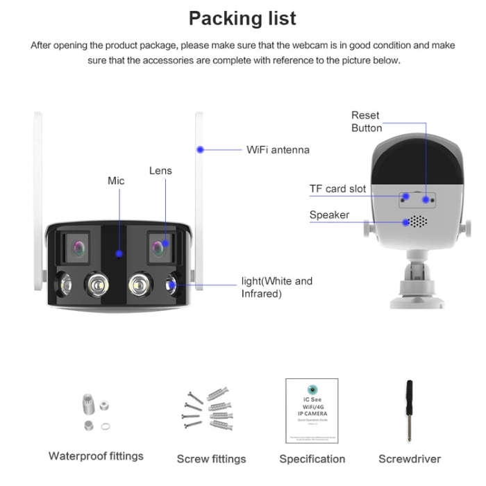 Q38 WIFI Humanoid Recognition AI Alarm 180 Degree Dual 2MP IP Camera, AU Plug, US Plug, EU Plug, ...