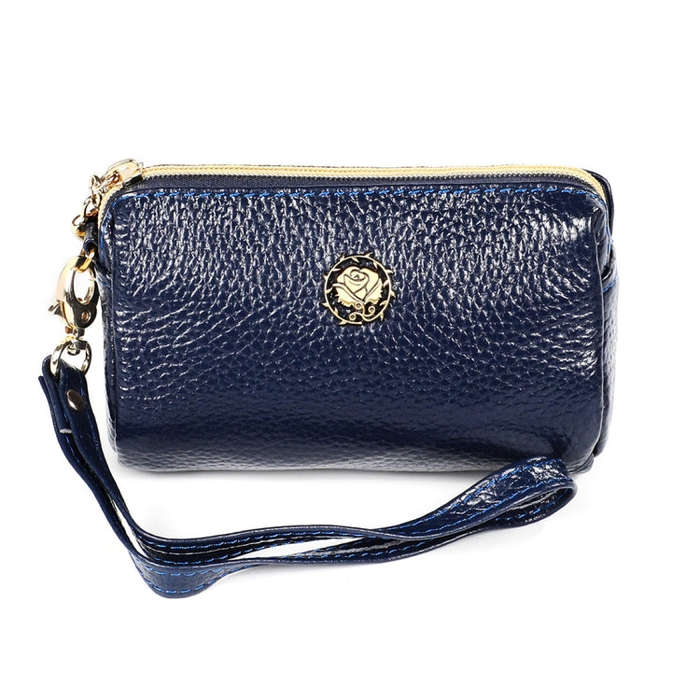 2033 Lady Portable Zipper Leather Wallet Purse Small Cosmetic Bag with Lanyard