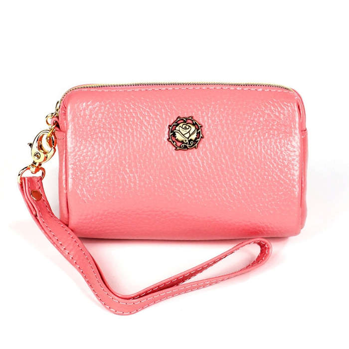 2033 Lady Portable Zipper Leather Wallet Purse Small Cosmetic Bag with Lanyard