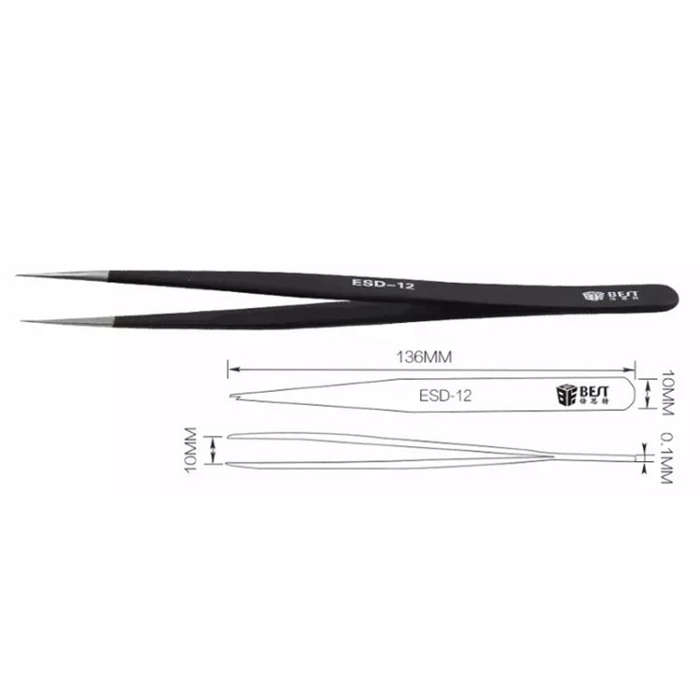 BEST BST-12 Precision Anti-static ESD Stainless Steel Tweezers