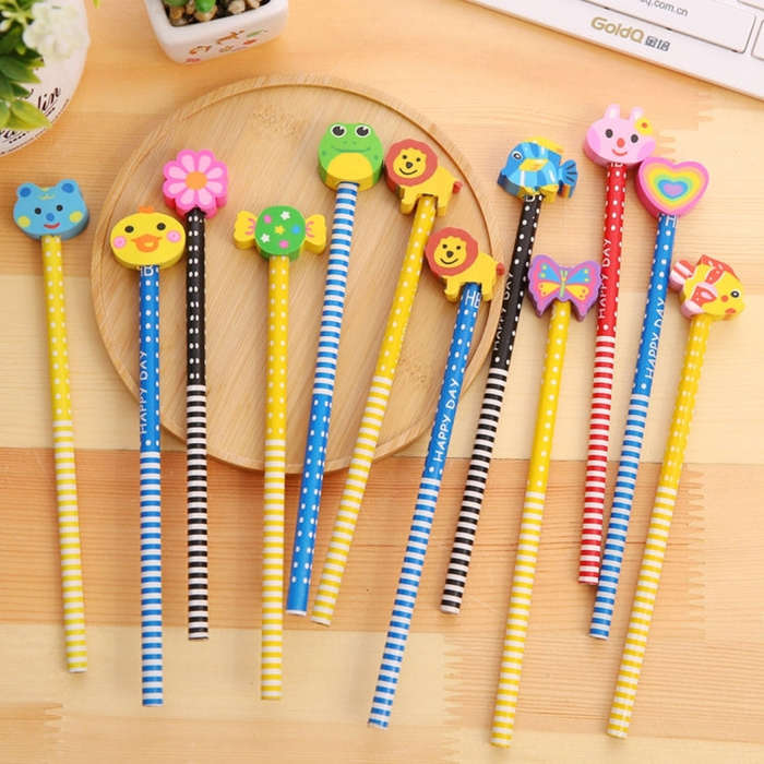 10pcs Creative Stationery Cartoon Animals Series Wooden HB Pencil with Eraser Children Pencils Fo...