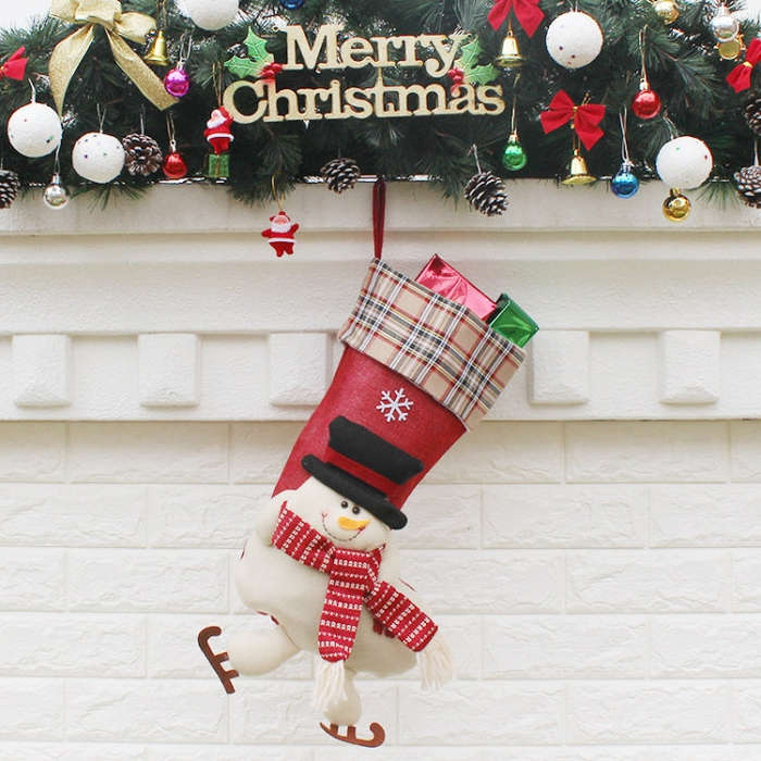 Christmas Ornament Decoration Lattice Cloth Christmas Stocking Gift Bag Pendant, Elk, Snowman, Santa