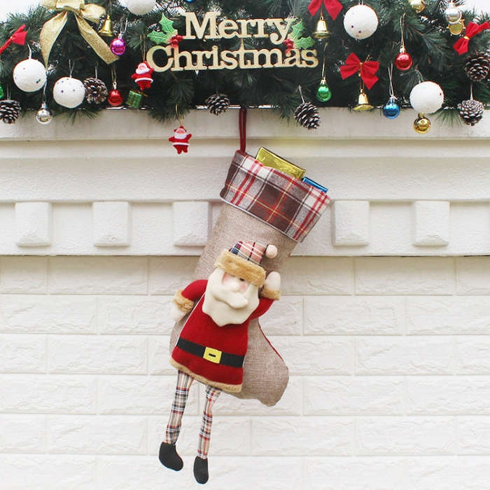 Christmas Ornament Decoration Lattice Cloth Christmas Stocking Gift Bag Pendant, Elk, Snowman, Santa