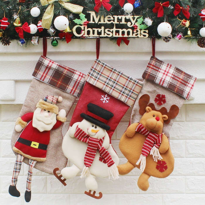 Christmas Ornament Decoration Lattice Cloth Christmas Stocking Gift Bag Pendant, Elk, Snowman, Santa