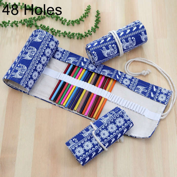48 Slots Ethnic Elephant Print Pen Bag Canvas Pencil Wrap Curtain Roll Up Pencil Case Stationery ...